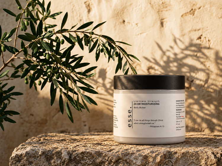An olive branch casting soft shadows across a warm stone wall above a rough stone slab