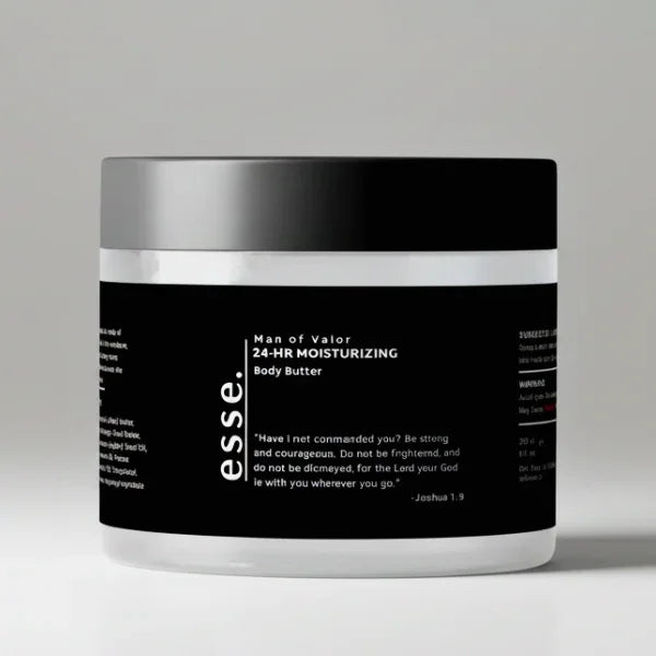 Jar of Esse's Man of Valor 24-Hour Moisturizing Body Butter on a gray background 