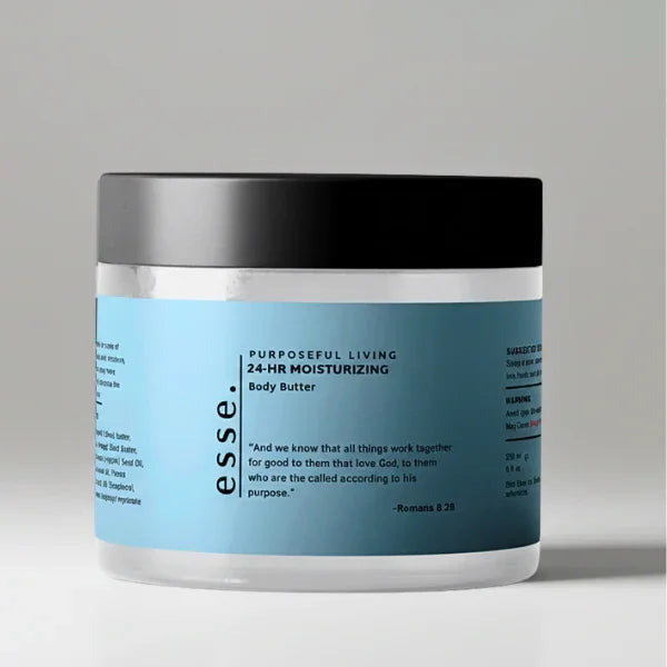 Jar of Esse's Purposeful Living 24-Hour Moisturizing Body Butter on a gray background.