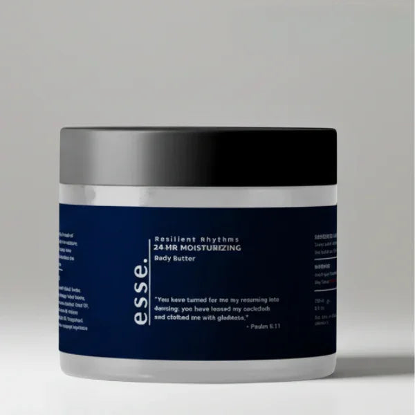 Jar of Esse's Resilient Rhythms 24-Hour Moisturizing Body Butter on a gray background
