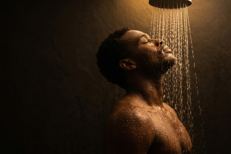 A man under a warm shower, head tilted back as water runs over his face and shoulders